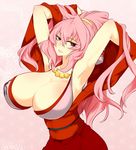  1girl ahou_miya armpits arms_up bare_shoulders breasts cleavage female huge_breasts japanese_clothes lips long_hair long_ponytail necklace pink_eyes pink_hair ponytail sengoku_collection solo standing upper_body yukata 