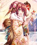  2017 :d animal animal_on_shoulder aqua_bow arrow bangs bell bird blurry blush bow brown_hair charm_(object) chicken chinese_zodiac commentary_request cowboy_shot depth_of_field floral_print fur_collar green_eyes hair_between_eyes hamaya happy_new_year holding_arrow japanese_clothes jingle_bell kimono large_bow long_hair looking_at_viewer new_year on_shoulder open_mouth original outdoors rooster smile solo year_of_the_rooster yuya_(night_lily) 
