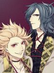  ako_(ravennightley) blonde_hair grey_hair grin male_focus multiple_boys oodenta_mitsuyo red_eyes rope smile sohaya-no-tsurugi touken_ranbu upper_body 