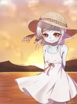  blue_skin brown_eyes dress gelulu hat league_of_legends looking_at_viewer short_hair signature solo standing sun_hat sunset tristana white_dress white_hair yordle 