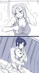  caitlyn_(league_of_legends) commentary_request cupcake english_commentary food greyscale league_of_legends long_hair monochrome multiple_girls oldlim pajamas short_hair stuffed_toy tank_top tattoo vi_(league_of_legends) 