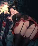  armpits ass bare_shoulders black_hair black_legwear black_panties blush bound bound_wrists breasts cameltoe clenched_teeth commentary dungeon elbow_gloves four_goddesses_online:_cyber_dimension_neptune from_behind garter_straps gloves hair_ornament highres long_hair medium_breasts neptune_(series) noire oekakizuki panties red_eyes skirt solo teeth thighhighs torch twintails underwear 