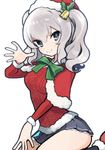  bell blue_eyes bow bowtie capelet christmas christmas_sweater green_bow green_neckwear hat hexed holly jingle_bell kantai_collection kashima_(kantai_collection) kneeling looking_at_viewer miniskirt santa_hat silver_hair skirt solo sweater twintails white_background 