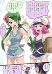  backpack bag bare_shoulders baseball_cap black_hair breasts cleavage clenched_hand clenched_hands closed_eyes comic commentary_request dark_skin flower green_eyes green_hair hair_flower hair_ornament hand_on_hip hat lychee_(pokemon) mao_(pokemon) multiple_girls open_mouth pink_eyes pink_hair pokemon pokemon_(game) pokemon_sm punk_girl_(pokemon) salute team_skull_grunt translation_request twintails unya wristband 