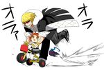  2boys ahoge armor berserker_(fate/zero) black_pants blush chibi fate/grand_order fate/zero fate_(series) fujimaru_ritsuka_(female) fur_trim ground_vehicle kaikodou_kana multiple_boys open_mouth orange_hair pants riyo_(lyomsnpmp)_(style) sakata_kintoki_(fate/grand_order) short_hair sunglasses triangle_mouth tricycle watch yellow_eyes 