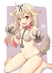  alternate_costume anchor bikini blonde_hair brown_bikini collar covered_nipples dog_tail fang fur_bikini gloves gradient_hair hair_flaps kantai_collection long_hair looking_at_viewer multicolored_hair paw_gloves paws red_eyes remodel_(kantai_collection) side-tie_bikini sitting smile solo spiked_collar spikes swimsuit tail taishi_(moriverine) wariza yuudachi_(kantai_collection) 