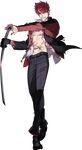  abs belt blood bloody_clothes full_body gloves grey_eyes grin injury katana komo_(sleepy) male_focus official_art ookanehira_(touken_ranbu) open_clothes open_shirt pants red_hair shirt single_glove smile solo sword torn_clothes torn_pants torn_shirt touken_ranbu weapon 