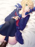  ahoge artoria_pendragon_(all) black_legwear blonde_hair blue_ribbon blush capsule_servant command_spell fate/hollow_ataraxia fate_(series) green_eyes guri1105 hair_ribbon highres lying master_artoria on_back pleated_skirt ribbon school_uniform serafuku short_hair skirt solo sword thighhighs weapon weapon_bag zettai_ryouiki 