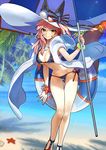  absurdres animal_ears bikini blue_bikini bracelet breasts day ears_through_headwear fate/grand_order fate_(series) fox_ears fox_tail groin hat hat_ribbon highres jewelry large_breasts long_hair looking_at_viewer nature navel ocean official_art parasol pink_hair resized ribbon sandals shawl solo sun_hat swimsuit tail tamamo_(fate)_(all) tamamo_no_mae_(fate) tamamo_no_mae_(swimsuit_lancer)_(fate) thigh_gap umbrella upscaled wada_aruko waifu2x white_hat yellow_eyes 