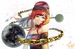 black_shirt chain clothes_writing continents earth_(ornament) foreshortening gold_chain head_scarf hecatia_lapislazuli heiyao highres looking_at_viewer moon_(ornament) motion_blur off-shoulder_shirt polos_crown red_eyes red_hair shirt solo t-shirt touhou upper_body 