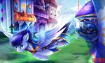  2014 blue_eyes blue_feathers blue_hair clothed clothing day detailed_background equine feathered_wings feathers friendship_is_magic hair hooves male mammal my_little_pony outside pegasus seanica shadowbolts_(mlp) smile soarin_(mlp) town white_feathers wings wonderbolts_(mlp) 