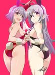  ahoge animal_ears ass breasts brown_eyes bunny_ears bunny_girl bunny_tail bunnysuit detached_collar holding_hands hoshi_shouko idolmaster idolmaster_cinderella_girls koshimizu_sachiko long_hair multiple_girls pink_background purple_hair shift_(waage) short_hair sideboob signature silver_hair small_breasts tail wrist_cuffs 