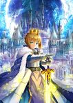  &gt;:( ahoge armor armored_dress artoria_pendragon_(all) bangs blonde_hair braid castle closed_mouth commentary_request cowboy_shot crown excalibur fate/grand_order fate_(series) frown fur_trim gauntlets green_eyes hair_between_eyes highres light_particles looking_at_viewer royal_robe saber scenery serious short_hair solo standing suishougensou v-shaped_eyebrows 