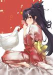  animal barefoot bird black_hair brown_eyes chicken drinking hareno_chiame japanese_clothes kimono long_hair original ponytail purple_eyes seiza sitting solo 