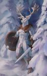  2017 abs albino anthro antlers balls boots bottomless cervine chunie clothed clothing day deer detailed_background digital_media_(artwork) flaccid footwear fur gloves hi_res holding_object holding_weapon horn humanoid_penis male mammal melee_weapon mostly_nude muscular muscular_male outside pecs penis red_eyes shield snow solo standing sword tree uncut weapon white_fur 