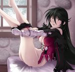  1girl asymmetrical_clothes bandage barefoot bed black_hair blush breasts choker collarbone embarrassed feet large_breasts long_hair parted_lips pussy_juice shorts shorts_pull solo sweat tales_of_(series) tales_of_berseria thor_(deep_rising) torn_clothes underboob velvet_crowe yellow_eyes 