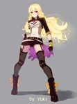  blonde_hair ember_celica_(rwby) fingerless_gloves full_body garter_straps gloves long_hair red_eyes rwby simple_background solo thighhighs yang_xiao_long zyl 
