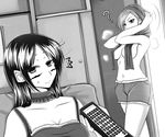  ? blush boxers caitlyn_(league_of_legends) controller greyscale league_of_legends long_hair looking_away monochrome multiple_girls oldlim remote_control short_hair topless towel towel_around_neck underwear vi_(league_of_legends) 