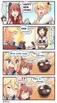  4koma 5girls :3 :d ;d ^_^ ahoge akagi_(kantai_collection) alternate_costume black_hair blonde_hair blue_eyes blurry bow bowl brown_hair carrying check_commentary check_translation closed_eyes comic commentary_request depth_of_field engrish food funnels hair_bow hair_ornament hair_ribbon hairclip hakama highres ido_(teketeke) iowa_(kantai_collection) japanese_clothes kaga_(kantai_collection) kantai_collection kappougi kimono long_hair mamiya_(kantai_collection) mochi multiple_girls nyoro~n o_o one_eye_closed open_mouth pleated_skirt ponytail ranguage reverse_translation ribbon saratoga_(kantai_collection) shiruko_(food) skirt smile star star-shaped_pupils steam symbol-shaped_pupils translation_request tray twitter_username v-shaped_eyebrows wagashi 