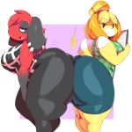  2018 absurd_res animal_crossing anthro ass_to_ass big_breasts big_butt blonde_hair blush breasts butt canine cherry_(animal_crossing) clothed clothing digital_media_(artwork) dog duo ear_piercing female floppy_ears fully_clothed fur hair hairband half-closed_eyes hi_res huge_butt hyper hyper_butt isabelle_(animal_crossing) mammal nintendo open_mouth open_smile pants piercing pink_background red_fur shih_tzu shirt short_hair short_stack simple_background skirt slightly_chubby smile thick_thighs tight_clothing trinity-fate62 two_tone_background video_games white_background yellow_fur 