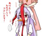  animal_ears bird bunny_ears chicken chinese_zodiac happy_new_year inaba_tewi itou_yuuji long_hair multiple_girls necktie new_year purple_hair red_eyes red_neckwear reisen_udongein_inaba short_hair touhou translated year_of_the_rooster 