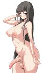  ass bad_revision black_hair blue_eyes breasts censored cleavage erection futanari hime_cut huge_breasts long_hair md5_mismatch nipples nude original penis pointless_censoring simple_background solo testicles white_background yana_(nekoarashi) 