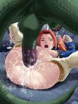  1girl anus breasts censored eleanor_hume green_eyes on_back open_mouth orange_hair pussy_juice short_hair spread_legs squirting tales_of_(series) tales_of_berseria tears thighhighs thor_(deep_rising) twintails white_legwear 