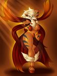  2017 anthro anthrofied arcanine big_breasts breasts claws clothed clothing ear_piercing female footwear hand_behind_head hi_res looking_at_viewer navel nintendo piercing pok&eacute;mon pok&eacute;morph solo suirano toe_claws translucent transparent_clothing video_games 