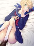  ahoge artoria_pendragon_(all) blonde_hair blue_ribbon blush capsule_servant command_spell fate/hollow_ataraxia fate_(series) green_eyes guri1105 hair_ribbon highres lying master_artoria on_back pleated_skirt ribbon school_uniform serafuku short_hair skirt socks solo sword weapon weapon_bag white_legwear 