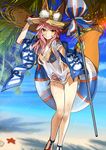  absurdres animal_ears bikini blue_bikini bracelet breasts day ears_through_headwear fate/grand_order fate_(series) fox_ears fox_tail hat highres jewelry large_breasts long_hair looking_at_viewer nature ocean official_art parasol pink_hair resized sandals see-through solo straw_hat sun_hat swimsuit tail tamamo_(fate)_(all) tamamo_no_mae_(fate) tamamo_no_mae_(swimsuit_lancer)_(fate) umbrella upscaled wada_aruko waifu2x wet wet_clothes yellow_eyes 