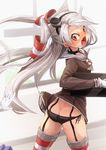  2girls amatsukaze_(kantai_collection) ass black_panties blue_skirt blurry blush brown_eyes butt_crack commentary_request depth_of_field dimples_of_venus dress fang floating_hair fu-ta full-face_blush garter_straps gloves grey_neckwear hair_tubes holding indoors kantai_collection lace lace-trimmed_panties long_hair looking_back looking_down multiple_girls neckerchief open_mouth out_of_frame panties pantyshot pleated_skirt red_legwear sailor_collar_lift sailor_dress shimakaze_(kantai_collection) side-tie_panties silver_hair skirt smokestack solo_focus thighhighs thighs two_side_up underwear very_long_hair walking white_gloves white_legwear wind wind_lift 