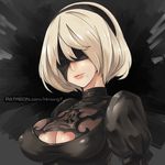  black_dress black_hairband blindfold breasts cleavage cleavage_cutout closed_mouth covered_eyes covered_nipples dress hair_over_eyes hairband juliet_sleeves large_breasts lips long_sleeves mole mole_under_mouth nier_(series) nier_automata patreon_username phandit_thirathon puffy_sleeves short_hair silver_hair smile solo turtleneck upper_body watermark web_address yorha_no._2_type_b 