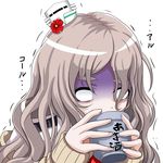  blank_eyes commentary grey_hair hangover hat kantai_collection long_hair mini_hat pola_(kantai_collection) simple_background sleeves_past_wrists solo tilted_headwear tk8d32 translated trembling turn_pale white_background 