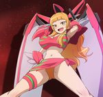  :d armpits arms_behind_head blonde_hair blush breasts cleavage fang haruyama_kazunori large_breasts long_hair looking_at_viewer midriff navel open_mouth pte-chan robot_girls_z smile solo yellow_eyes 