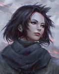  artist_name black_hair black_scarf closed_mouth commentary facial_scar green_eyes guweiz highres jyn_erso laser nose portrait rain realistic red_lips rogue_one:_a_star_wars_story scar scarf short_hair solo star_wars upper_body water 
