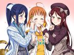  beret blue_hair feeding fork hair_ornament hairclip hat heart hoshino_ouka jacket long_hair love_live! love_live!_sunshine!! matsuura_kanan multiple_girls orange_hair plaid ponytail red_hair sakurauchi_riko short_hair snowflake_print takami_chika uchicchii wiping_face 