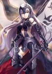  armor bare_shoulders black_gloves black_legwear breasts elbow_gloves fate/grand_order fate_(series) gauntlets gloves greaves grey_hair grin heirou helmet holding holding_sword holding_weapon jeanne_d'arc_(alter)_(fate) jeanne_d'arc_(fate)_(all) large_breasts long_hair looking_at_viewer smile solo sword thighhighs very_long_hair weapon yellow_eyes 