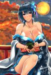  alternate_hairstyle autumn_leaves bare_shoulders black_hair blue_kimono bowl breasts duralu500 floral_print full_moon green_tea highres japanese_clothes kantai_collection kimono large_breasts moon off_shoulder red_eyes short_hair smile solo takao_(kantai_collection) tea tree 