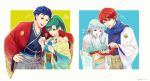  2boys 2girls arm_around_neck blue_background blue_eyes blue_hair brown_hakama cape couple dress earrings eliwood_(fire_emblem) fire_emblem fire_emblem:_rekka_no_ken fire_emblem_heroes fur_collar green_eyes green_hair grey_hakama hair_ornament hakama hand_on_hip haori hector_(fire_emblem) highres holding holding_tray japanese_clothes jewelry kazame kimono long_hair long_sleeves lyndis_(fire_emblem) mamkute multiple_boys multiple_girls new_year ninian nintendo notice_lines obi omikuji open_mouth outline outside_border pointing pom_pom_(clothes) ponytail red_eyes red_hair sash sayagata scarf short_hair simple_background smile snow_bunny taiga_kazame tray twitter_username wide_sleeves yellow_background 
