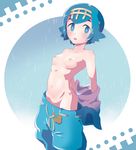  :o blue_eyes blue_hair breasts bright_pupils hairband highres looking_at_viewer nipples no_panties pokemon pokemon_(game) pokemon_sm rain satanaka_kuroha short_hair small_breasts solo suiren_(pokemon) topless undressing 