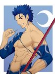  abs biceps blue_background collarbone cowboy_shot crescent earrings fate/grand_order fate/stay_night fate_(series) gae_bolg grin holding holding_weapon igote jewelry jian_biao_dashii_kaede lancer looking_at_viewer male_focus muscle navel pectorals sideburns simple_background single_bare_shoulder smile solo weapon wood 