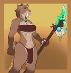  amber_eyes bra brown_fur brown_hair castbound clothed clothing fangs feline female fur hair jewelry loincloth mammal muscular muscular_female necklace poleaxe saber-toothed_cat solo standing thick_thighs tribal tusks underwear warrior 