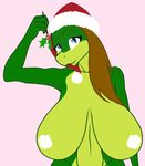  anthro big_breasts breasts clothed clothing female hat huge_breasts lizard mistletoe plant reptile samantha_brooks sarcolopter scalie simple_background solo topless 