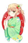  2017 :o angpao blonde_hair blush brown_hair double_bun envelope floral_print flower flying_sweatdrops hair_flower hair_ornament holding holding_paper japanese_clothes kantai_collection kimono looking_at_viewer michishio_(kantai_collection) new_year open_mouth otoshidama paper print_kimono shirogane_rio_(artist) short_twintails simple_background solo text_focus translation_request twintails v-shaped_eyebrows white_background yellow_eyes 