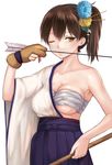  arrow bow_(weapon) breasts brown_eyes brown_hair cleavage fukuroumori gloves hadanugi_dousa hair_ornament highres impossible_clothes japanese_clothes kaga_(kantai_collection) kantai_collection large_breasts long_hair one_eye_closed partly_fingerless_gloves side_ponytail single_glove solo weapon yugake 