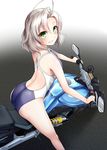  8000 ahoge ass competition_swimsuit gradient gradient_background green_eyes grin ground_vehicle kantai_collection kinugasa_(kantai_collection) looking_at_viewer motor_vehicle motorcycle on_motorcycle one-piece_swimsuit riding short_hair silver_hair smile solo swimsuit 