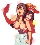  2girls :d ;d arms_up bare_arms beanie black_hair blush breast_grab breast_squeeze breasts breasts_out dress female_protagonist_(pokemon_sm) from_behind hat licking licking_lips long_hair multiple_girls naughty_face nipple nipple_tweak no_bra one_eye_closed phone pokemon pokemon_(game) pokemon_sm red_hat saliva self_shot shirt short_hair sightseer_(pokemon) simple_background smile sun_hat sunglasses taking_picture tongue tongue_out white_background z-ring 