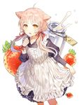  ahoge animal_ears apron bangs black_dress bottle cat_ears center_frills collarbone collared_dress commentary_request dress eyebrows_visible_through_hair food frilled_apron frills fruit hand_up highres juliet_sleeves kim_eb long_sleeves looking_at_viewer milk milk_bottle open_mouth original pink_hair puffy_sleeves simple_background skirt_hold solo standing strawberry teeth white_background yellow_eyes 