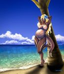  beach belly big_belly breasts female fur hair looking_at_viewer mammal mustelid nipples otter pregnant sea seaside smile solo thesolarwinds water 
