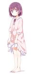  barefoot blush dress dress_lift full_body highres looking_at_viewer namori nightgown original purple_eyes purple_hair short_hair simple_background solo standing white_background 
